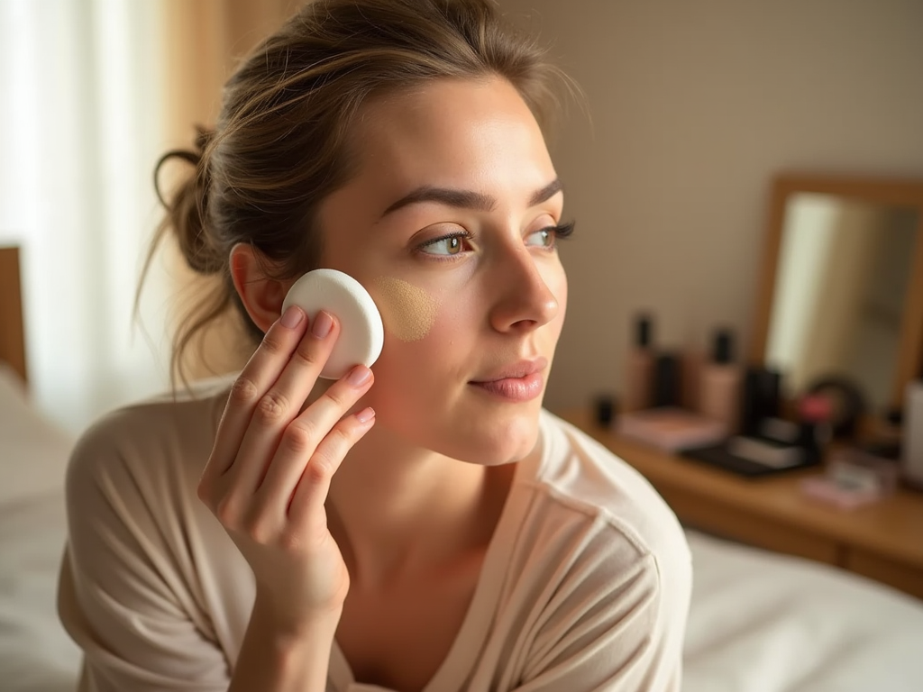 Woman applying foundation with a sponge in a well-lit room, makeup products in the background.