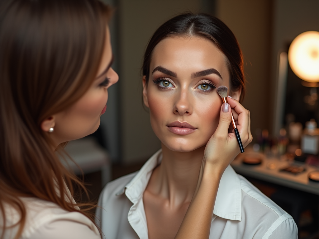 Makeup artist applying highlighter to a woman's cheek in a well-lit makeup room.