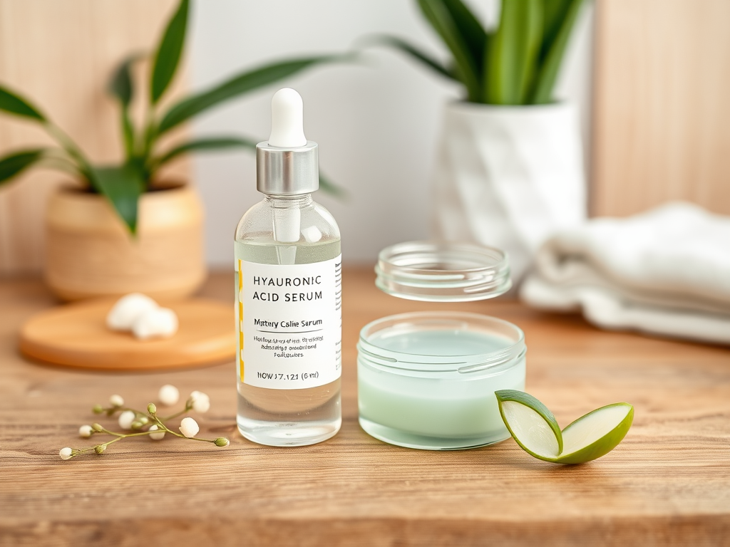 A bottle of hyaluronic acid serum next to a glass jar of cream and a sliced aloe leaf on a wooden surface.