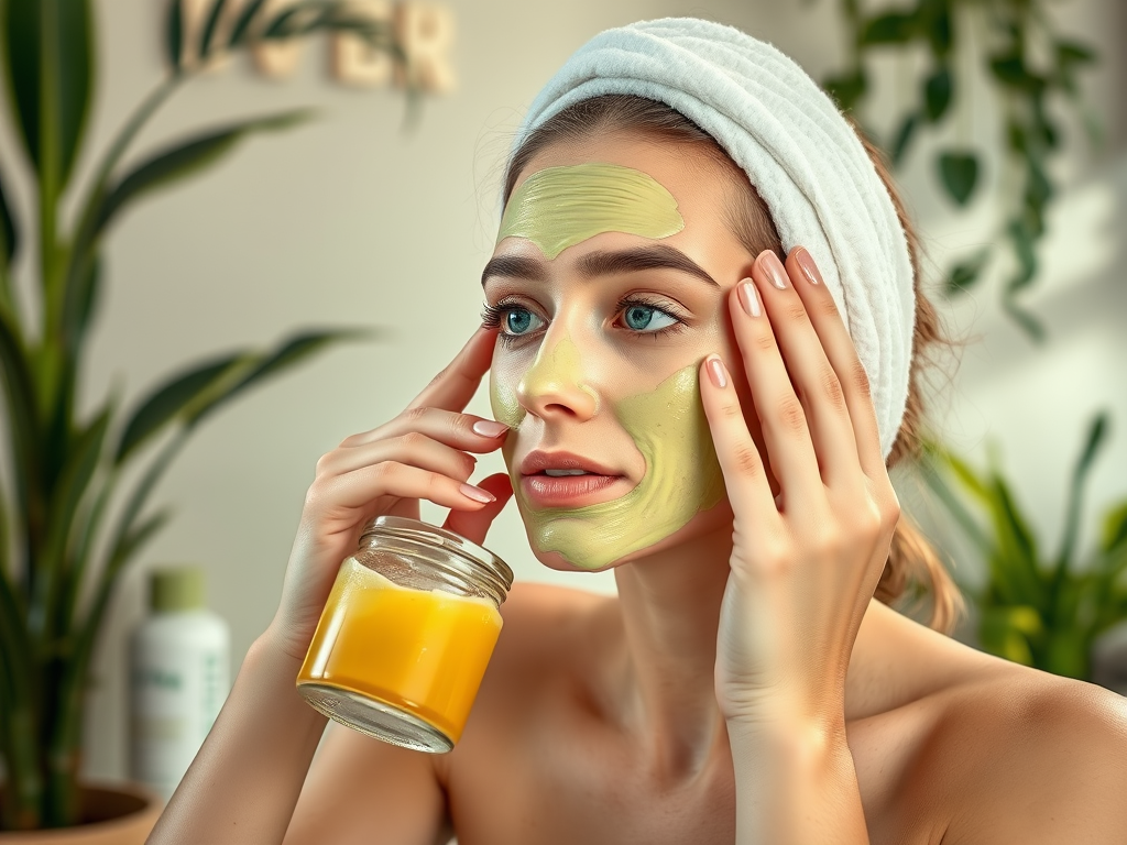 A woman with a green face mask applies product while holding a jar of yellow cream, surrounded by plants.