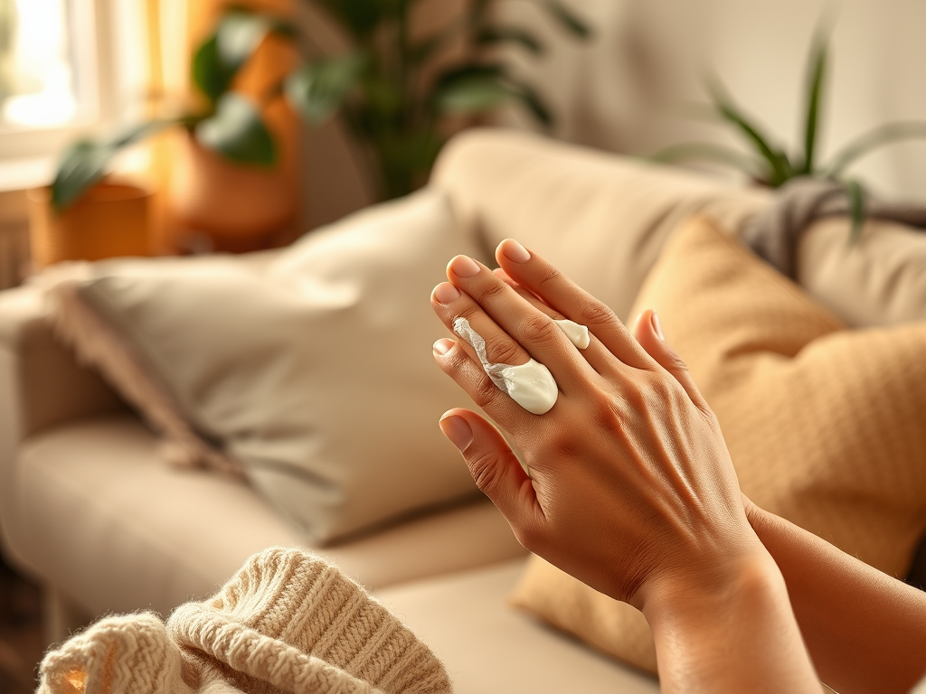 A person applying cream on their hands, sitting on a couch with cozy pillows in a well-lit room.