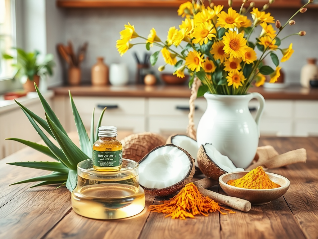 A bright kitchen scene with aloe, coconut halves, oil, turmeric, and yellow flowers in a white vase.