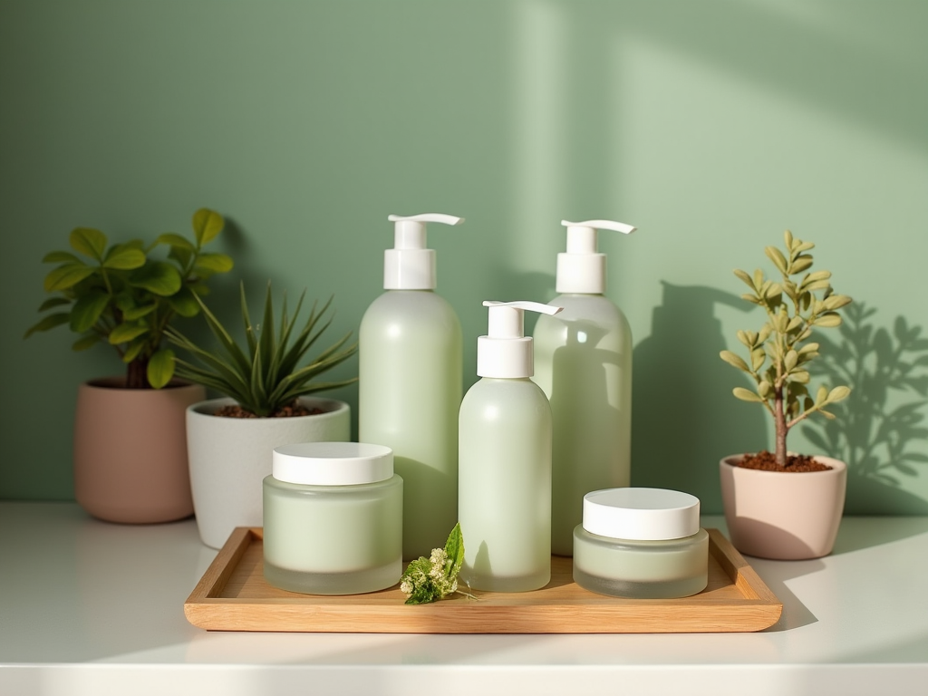 Assorted skincare products on a tray with potted plants on a green background.