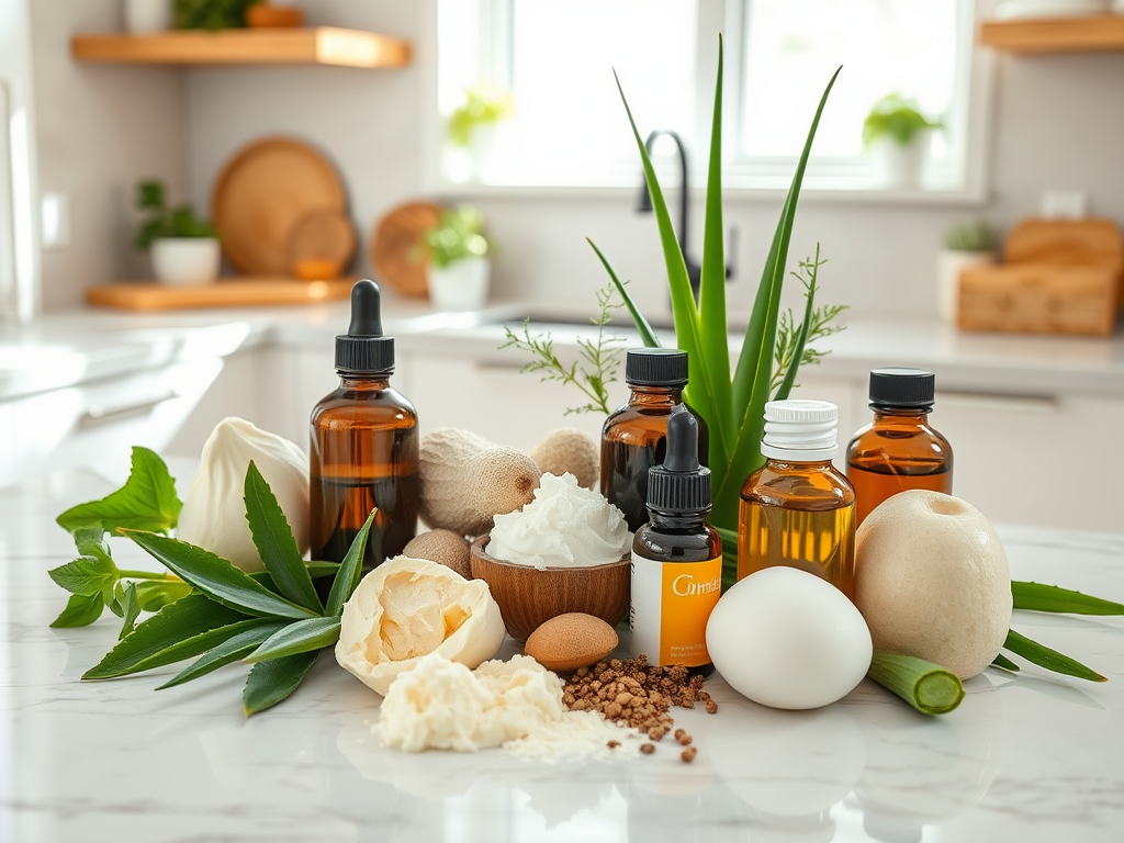 A collection of natural beauty ingredients, including oils, shea butter, plants, and an egg on a kitchen countertop.