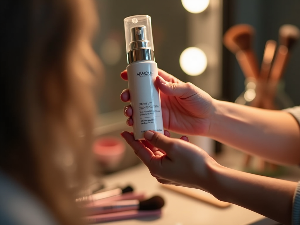 Woman examines a skincare product in a mirror, holding the bottle close to her face, blurred background.