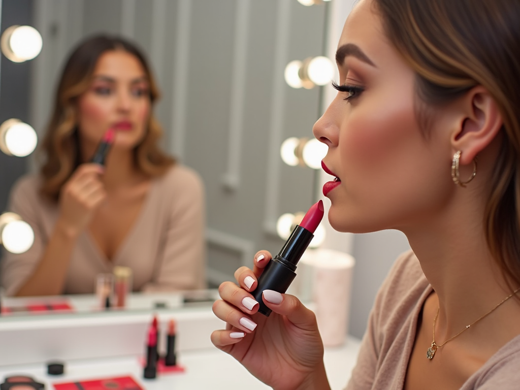 Woman applying red lipstick looking at mirror, lit by vanity lights.