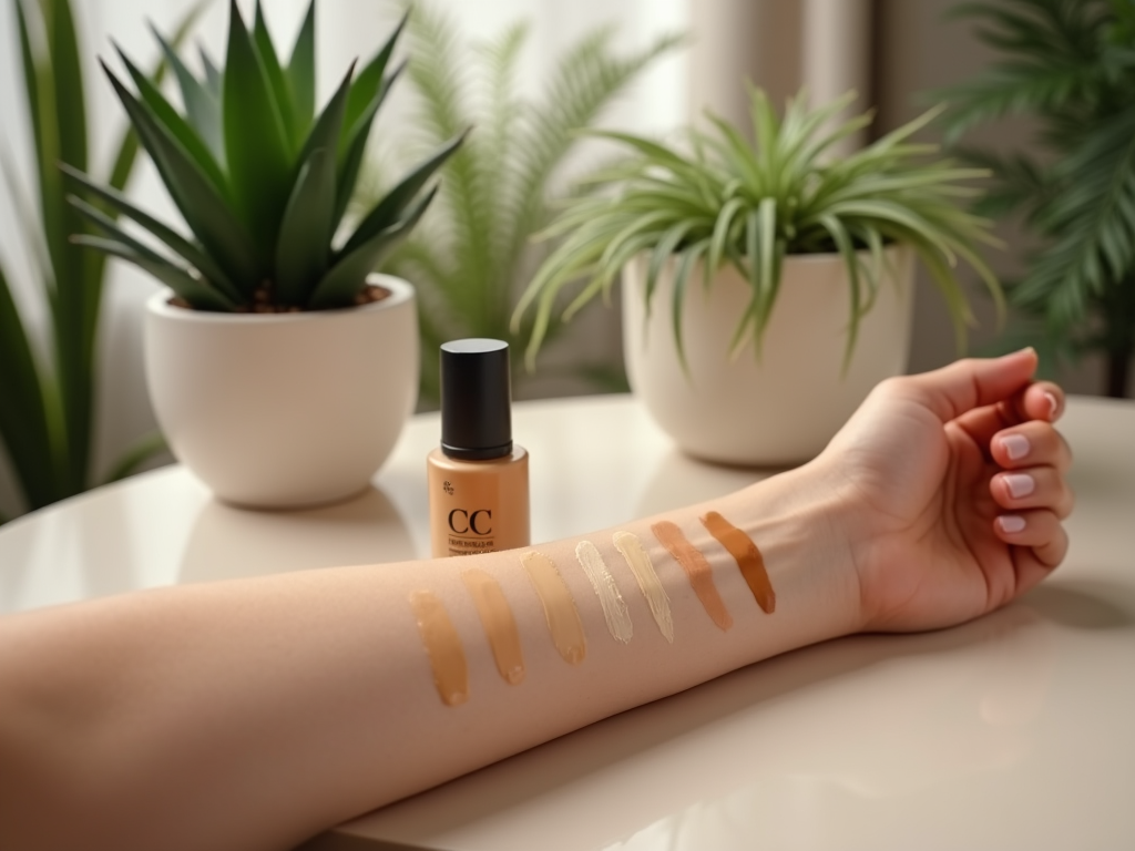 Arm with swatches of foundation near a makeup bottle, with potted plants in the background.