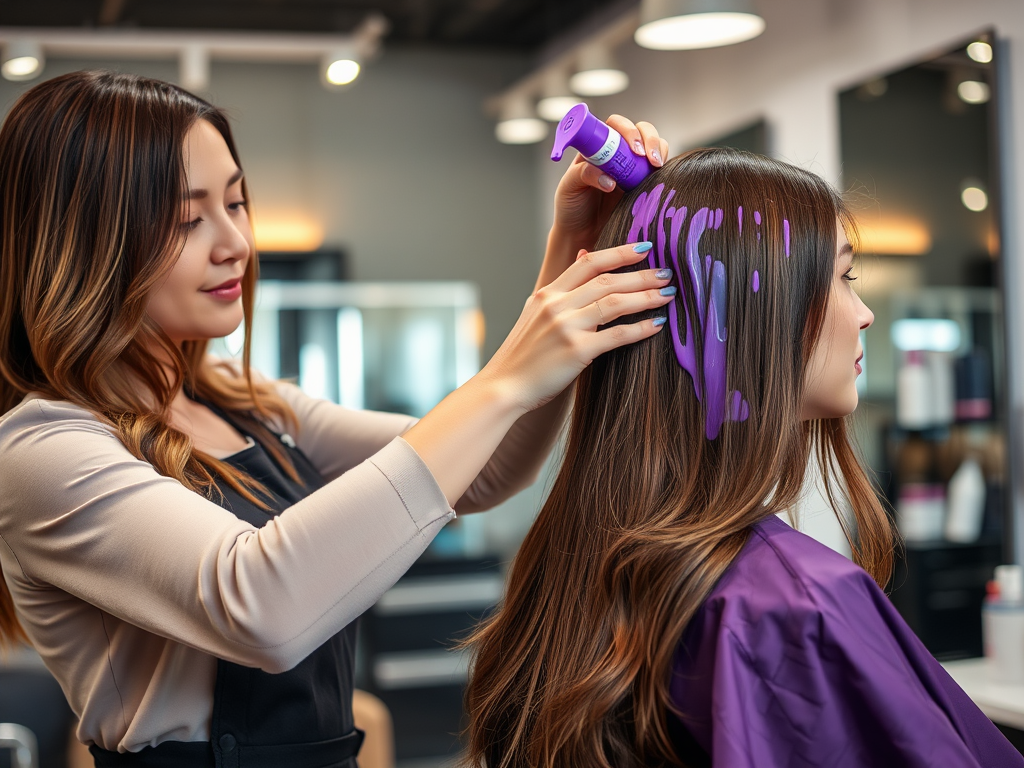 A stylist applies purple hair dye to a client's hair in a modern salon setting.