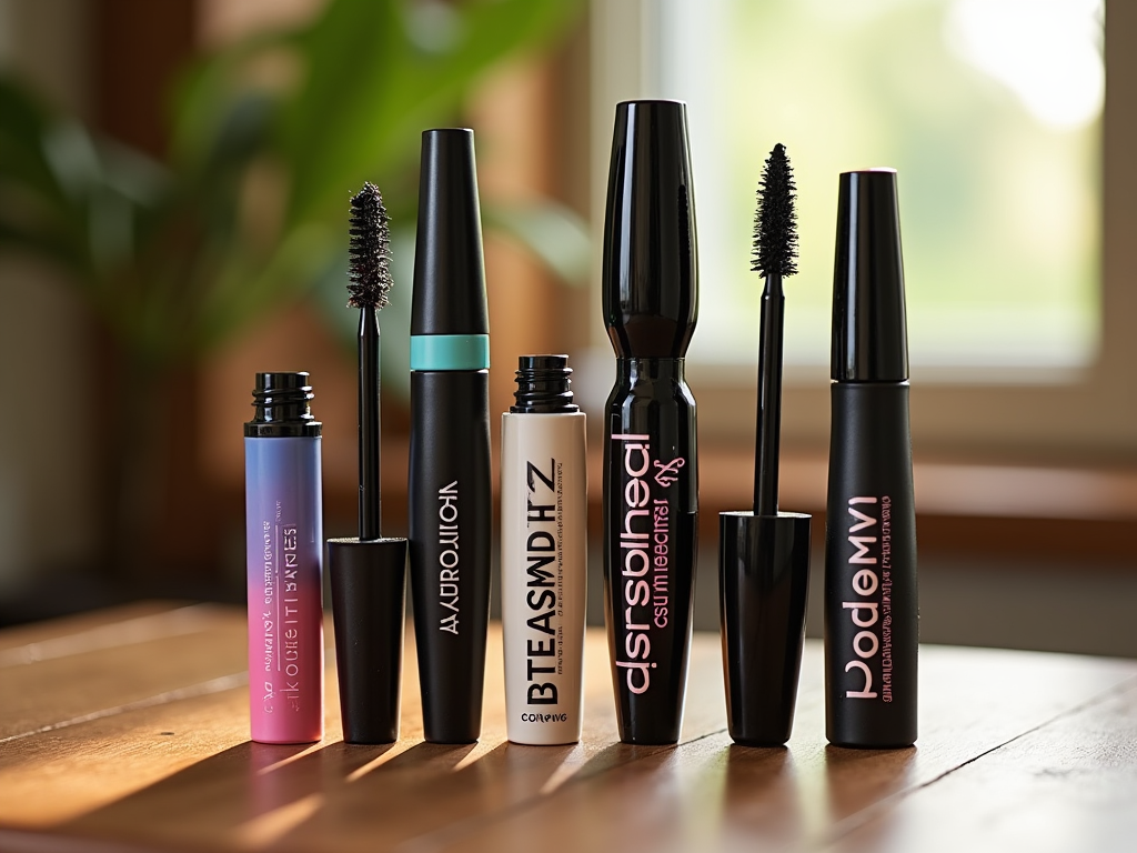 Assortment of five mascara bottles with brushes displayed, spotlighted by natural light on a wooden surface.