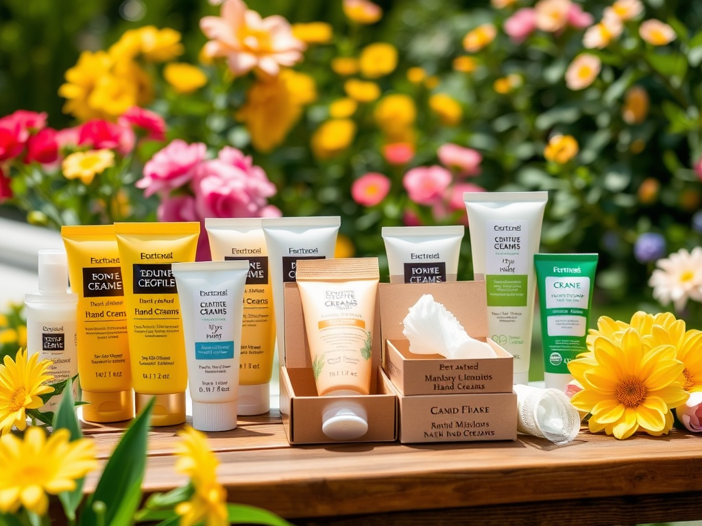 A selection of hand creams displayed on a table with colorful flowers in the background.