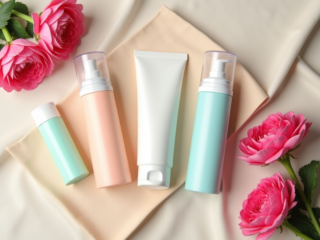 Four cosmetic tubes with dispensers on a silky fabric, surrounded by vibrant pink roses.