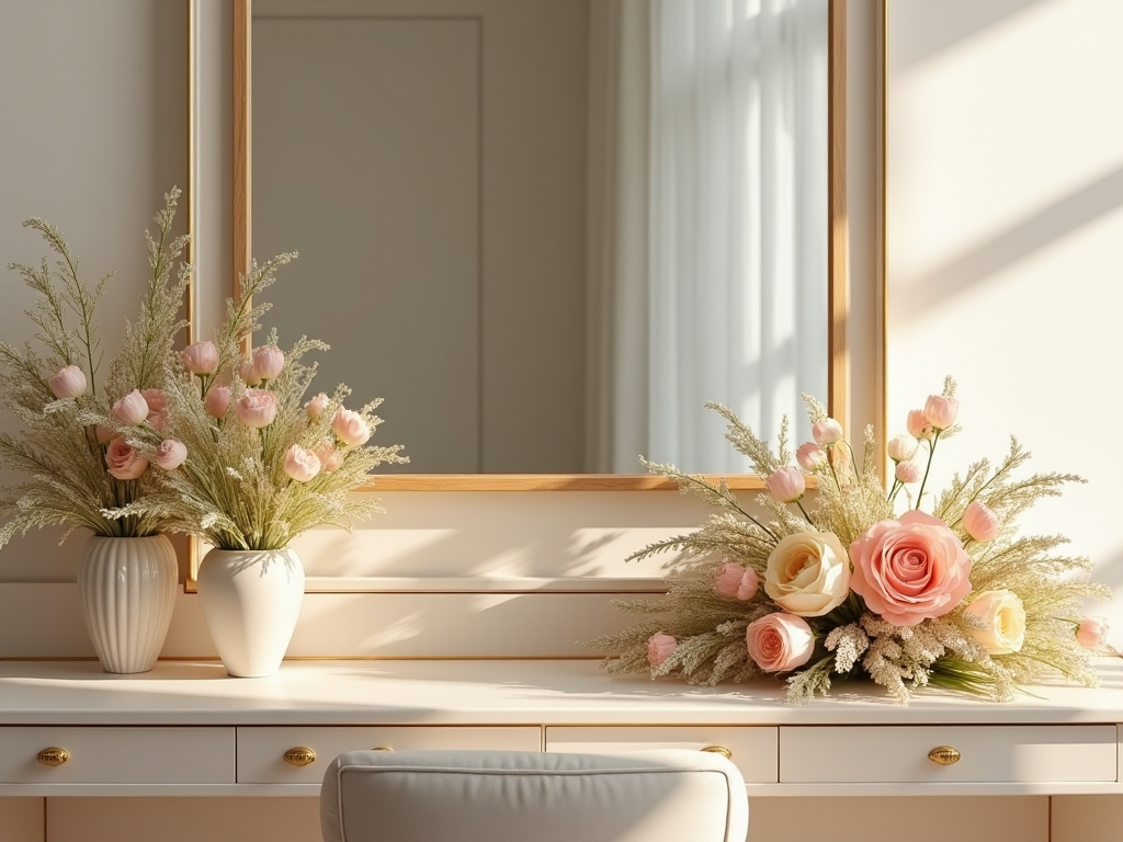 Elegant flower arrangements on a vanity, featuring roses and wildflowers, with a mirror backdrop and sunlight.