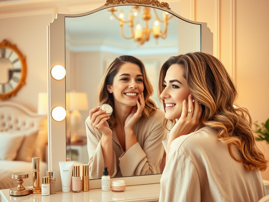 A smiling woman holds a skincare product while looking at her reflection in a stylish vanity mirror.