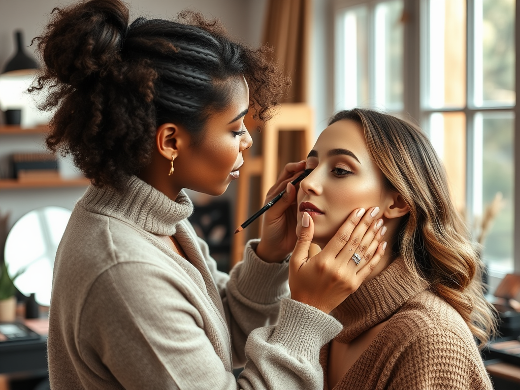 A makeup artist applies eyeliner on a woman's eye in a cozy, well-lit studio setting.