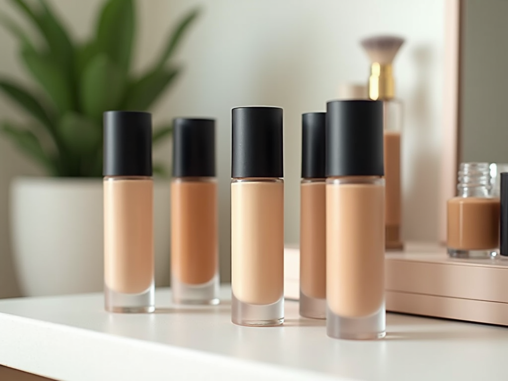 Variety of foundation bottles in different shades on a makeup table with a mirror.