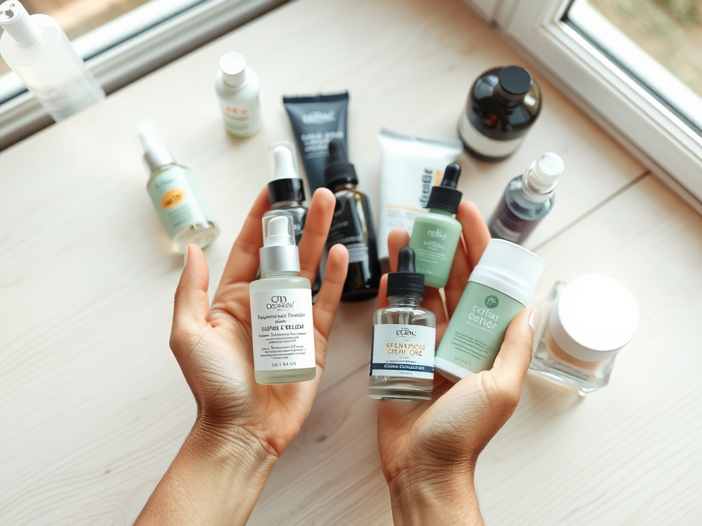 A person holds various skincare products in both hands, surrounded by more products on a light wooden surface.