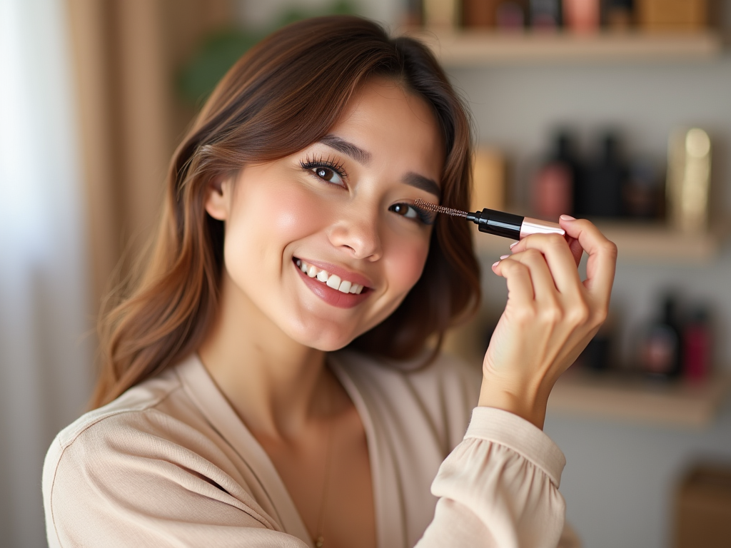 Young woman applying mascara, smiling at the camera in a well-lit room.