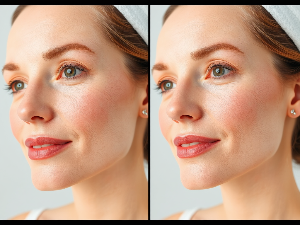 A close-up of a woman showing her face, featuring soft makeup and a serene expression, set against a light background.