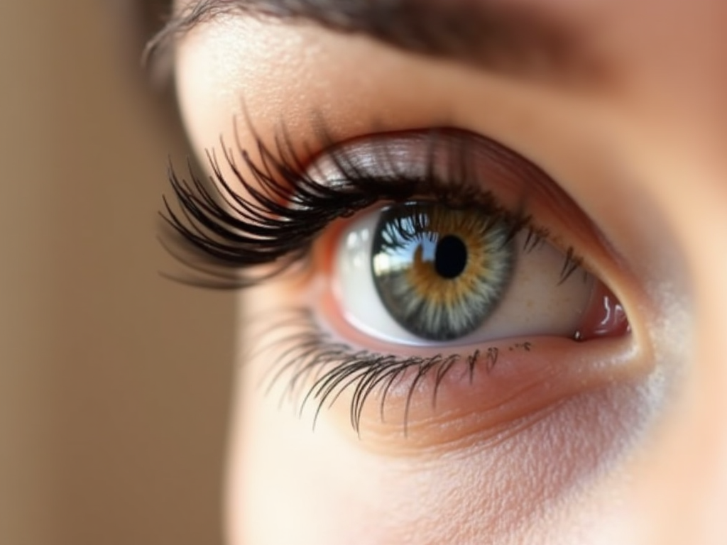 Close-up of a human eye with prominent, lengthy eyelashes and a strikingly colorful iris.