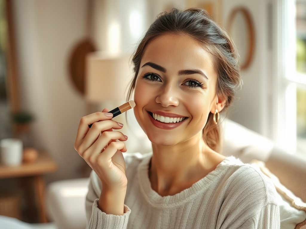 A smiling young woman holds a lipstick product near her face, seated in a cozy, bright room.