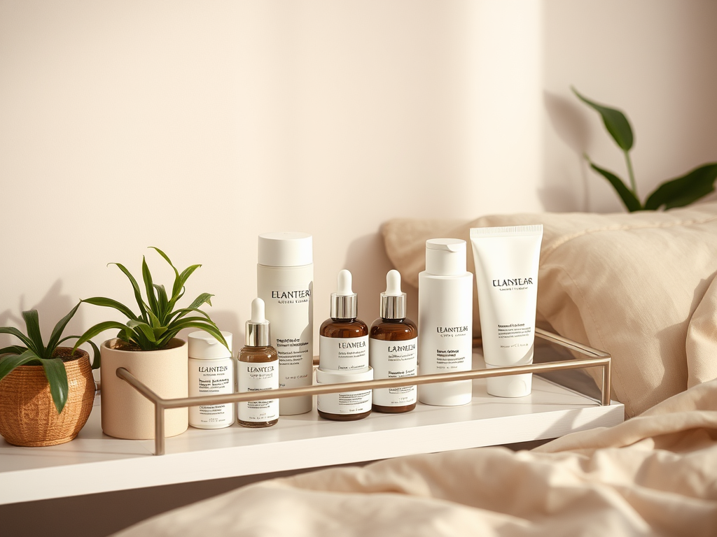 A neatly arranged skincare collection on a shelf, featuring various bottles and jars, beside greenery and cozy bedding.