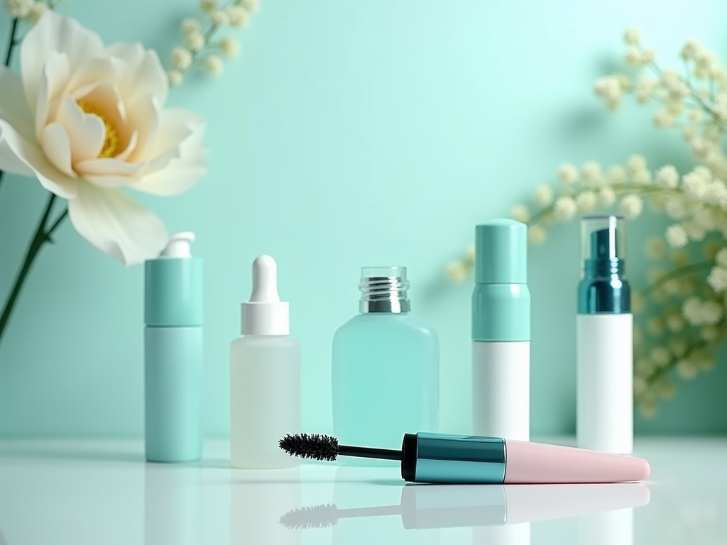 Assorted skincare products and mascara on a reflective surface with a flower and light background.