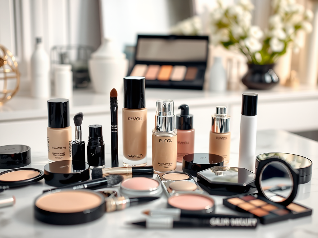 A variety of makeup products, including foundations, lipsticks, powders, and brushes, arranged on a table.