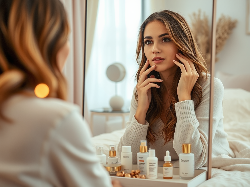 A young woman examines her reflection while sitting in front of a mirror with skincare products displayed.