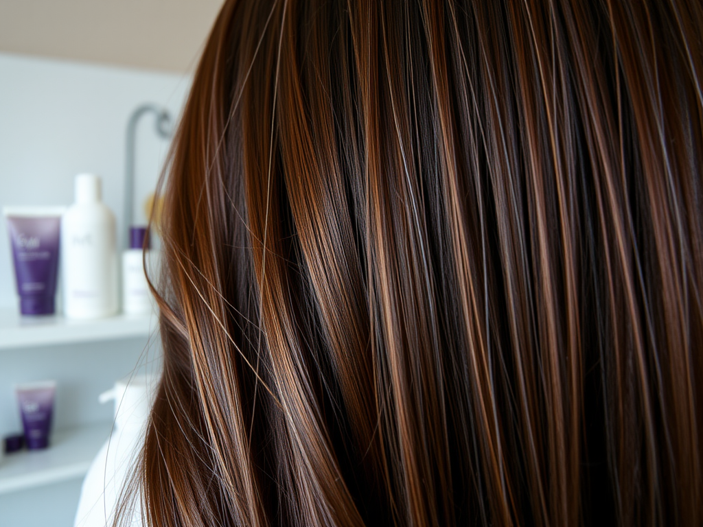 A close-up of long, glossy brown hair with highlights, set against a background of hair care products on a shelf.