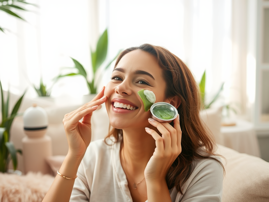 A smiling woman applies green skincare product to her face while holding a container, surrounded by indoor plants.