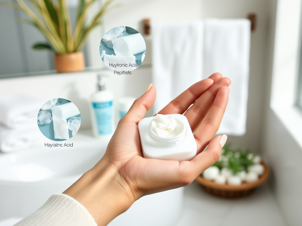 A hand holding a cream jar in a bathroom, with labels for Hyaluronic Acid and Peptides nearby.