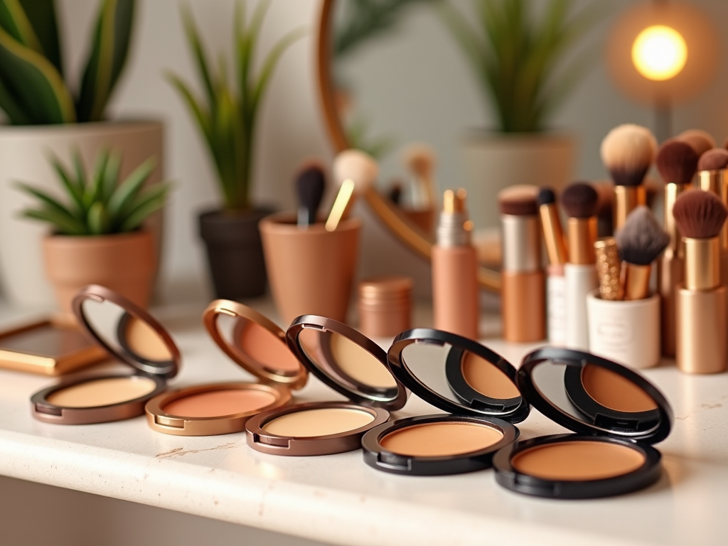 Assortment of makeup products and brushes on a table, surrounded by potted plants and a warm light.