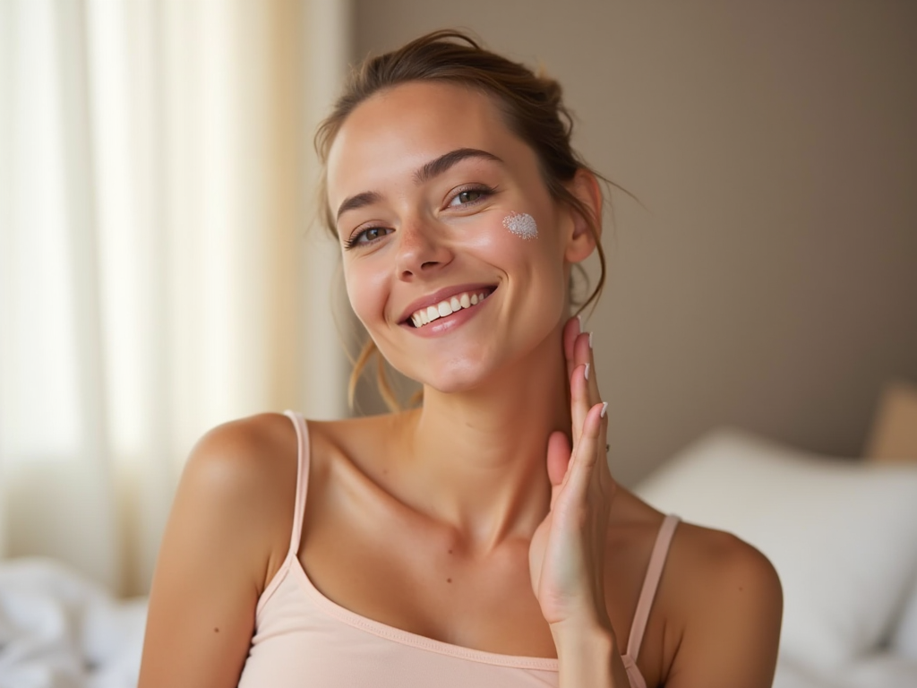 Young woman with a joyful smile, showing off skincare product on her cheek.