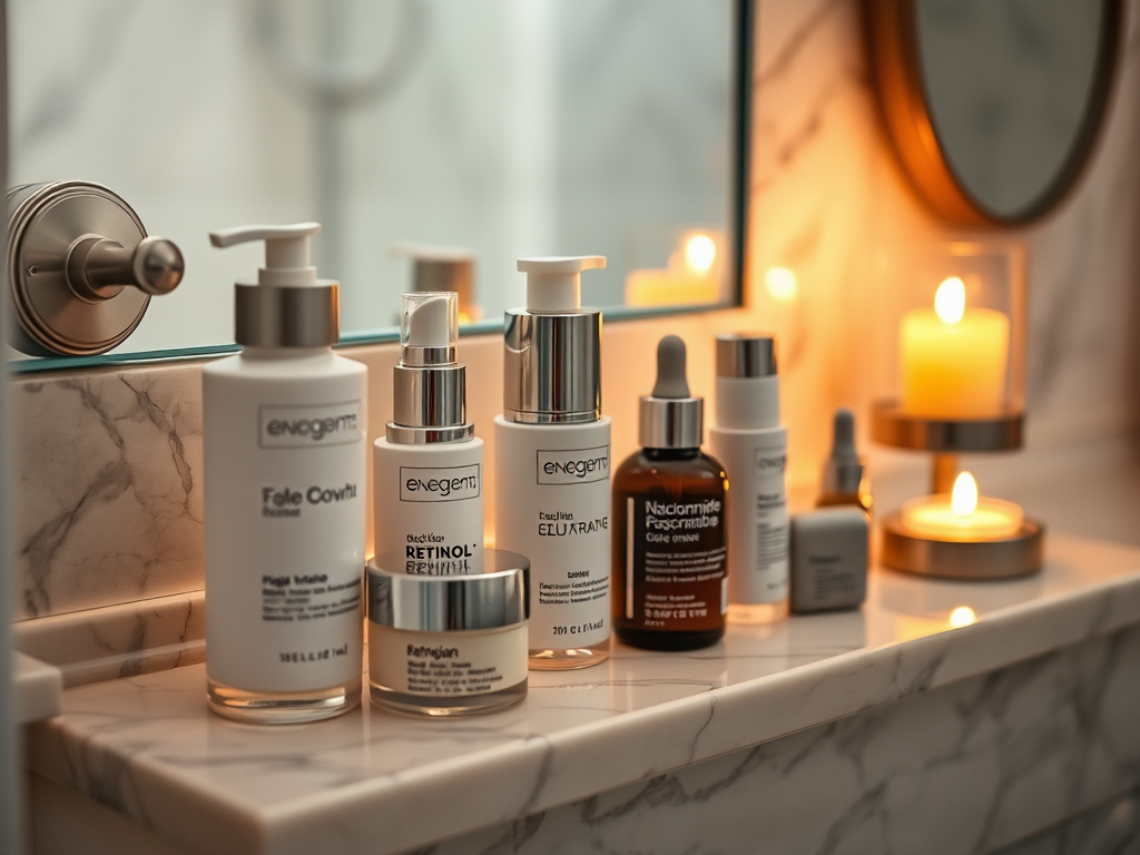 A collection of skincare products arranged on a marble countertop, with candles softly lit in the background.