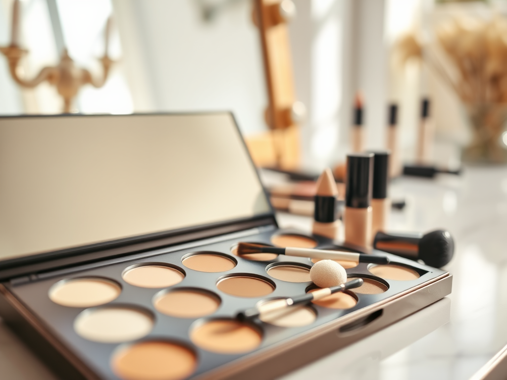 A makeup palette with various shades, brushes, and other makeup products arranged on a countertop.