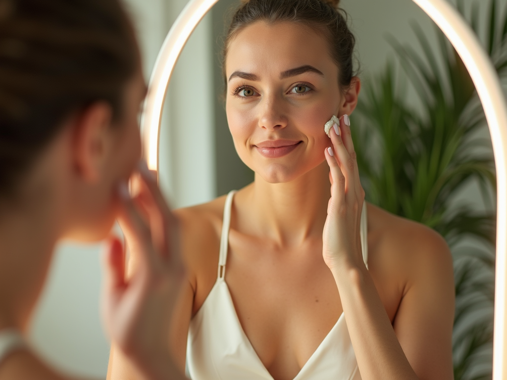 Woman applying skincare product while looking in a circular mirror.