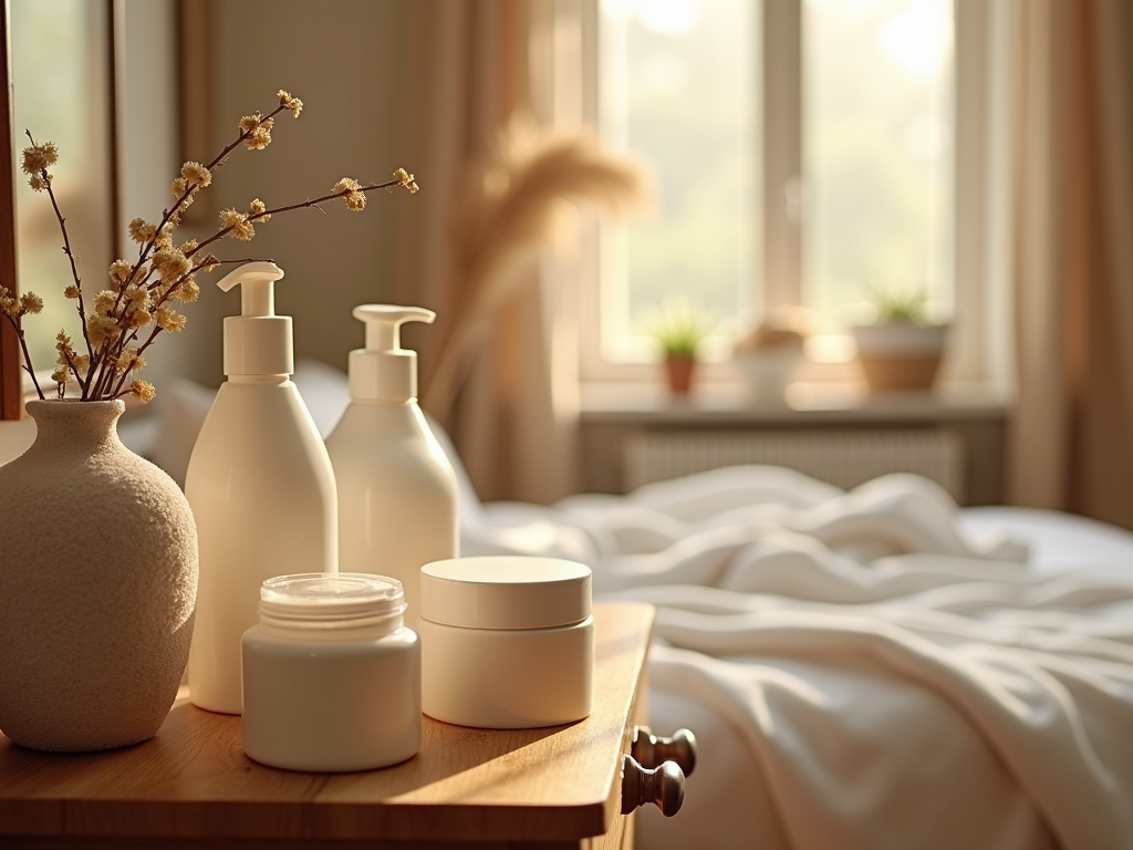 Cosmetic bottles and jars on a bedside table, warm sunlight, cozy bedroom background.