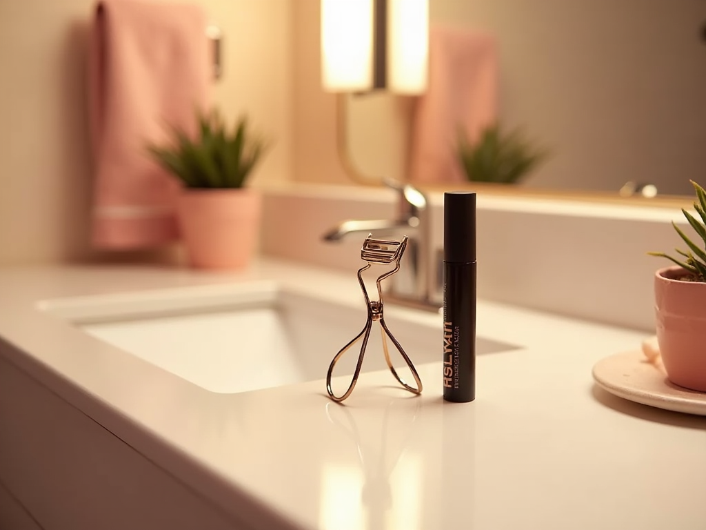 Eyelash curler and mascara on a bathroom counter, with decorative plants and soft lighting.