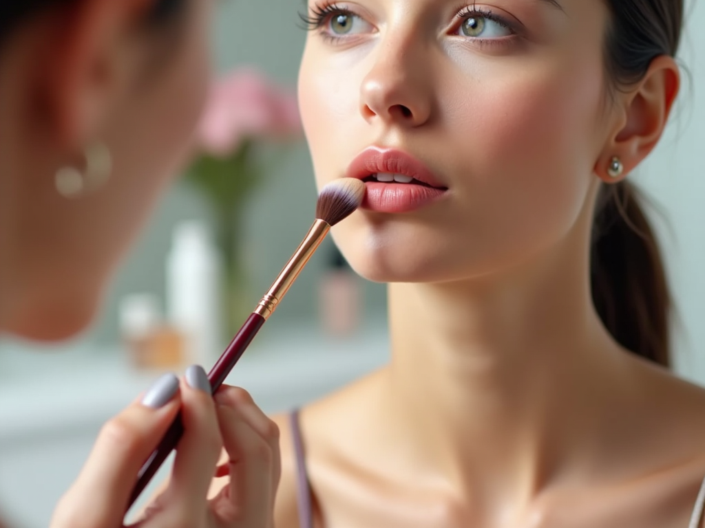 A woman applying blush on her cheeks with a makeup brush, looking away thoughtfully.